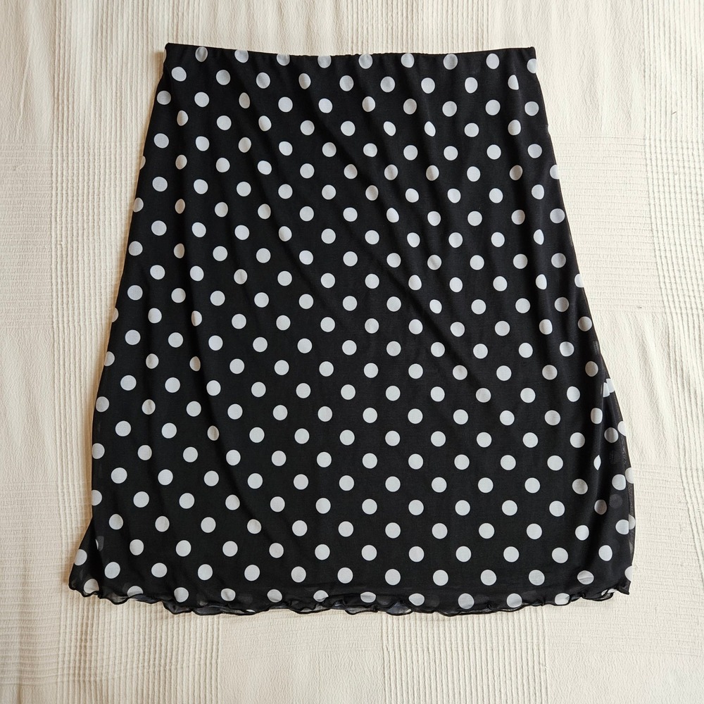 Reclaimed Vintage Polka Dot Midi Skirt Black White Mesh Lettuce Hem Twee Size L